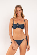 Load image into Gallery viewer, Model Front: Rio De Sol Bottom Bottom Shimmer-Shark Cheeky-Tie-Gold

